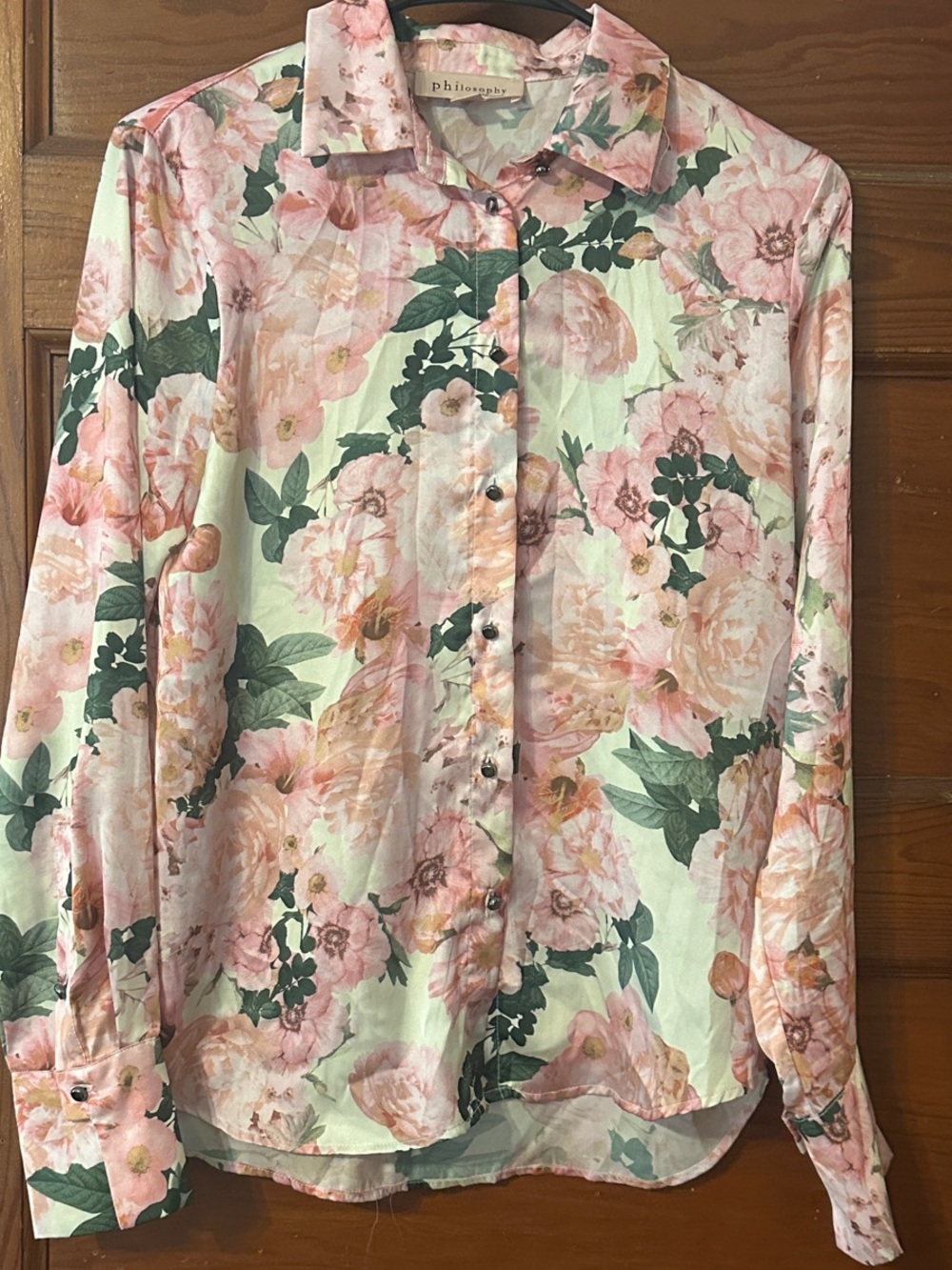 Philosophy Pink Floral Button-Down Shirt with Green Leaves